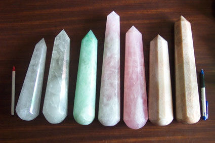 photo of 7 different huge crystal wands (clear, aventurine, rose and pink moonstone)